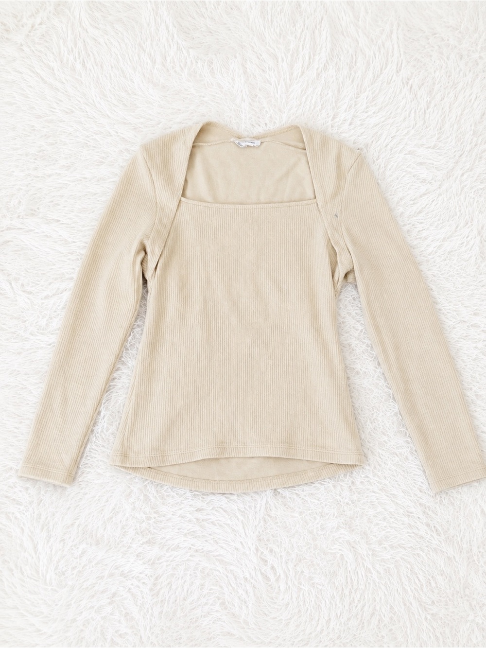 Anthropologie Cream Ribbed Square Neck Long Sleeve Top Large